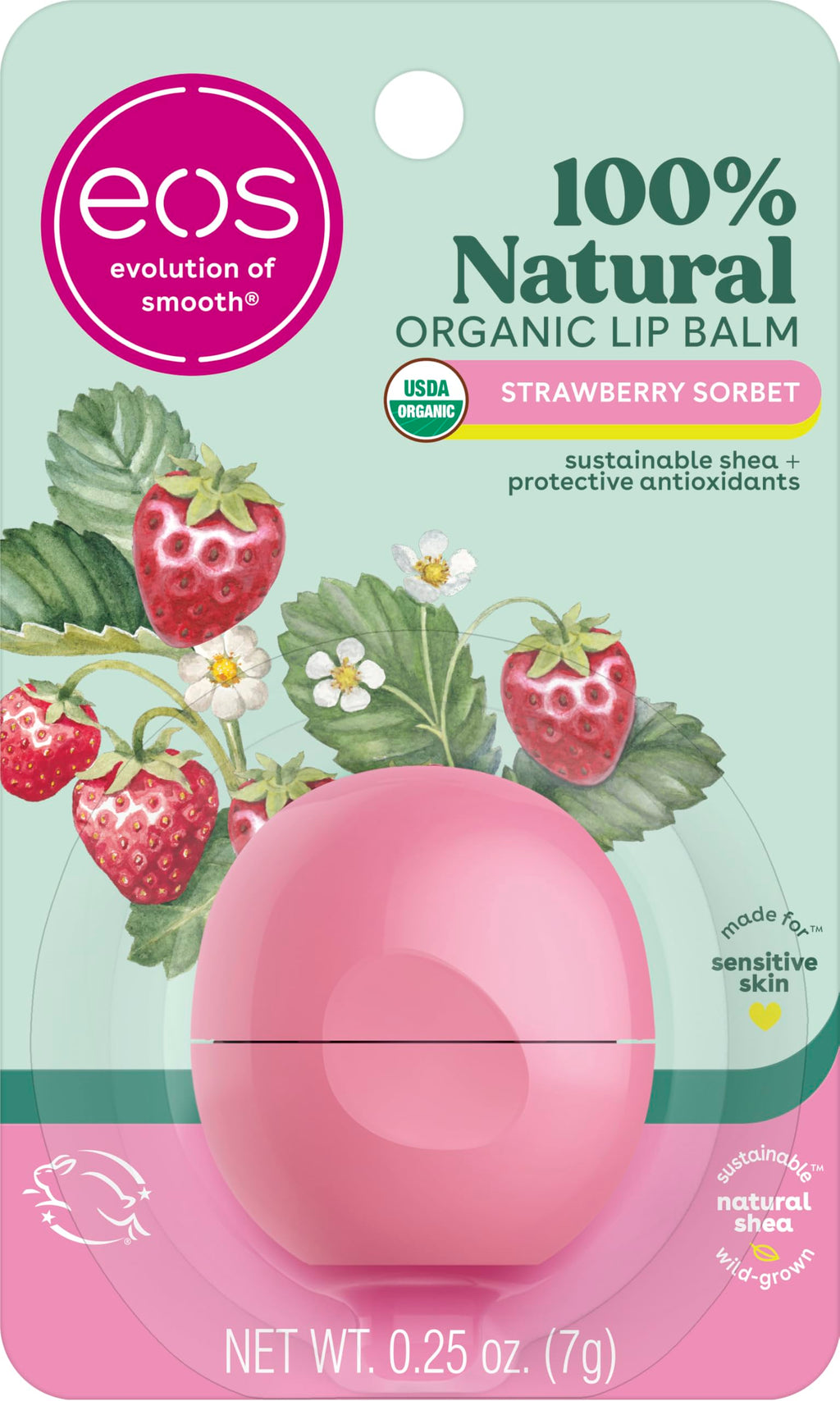 eos 100% Natural & Organic Lip Balm- Strawberry Sorbet, All-Day Moisture, Dermatologist Recommended for Sensitive Skin, Lip Care Products, 0.25 oz