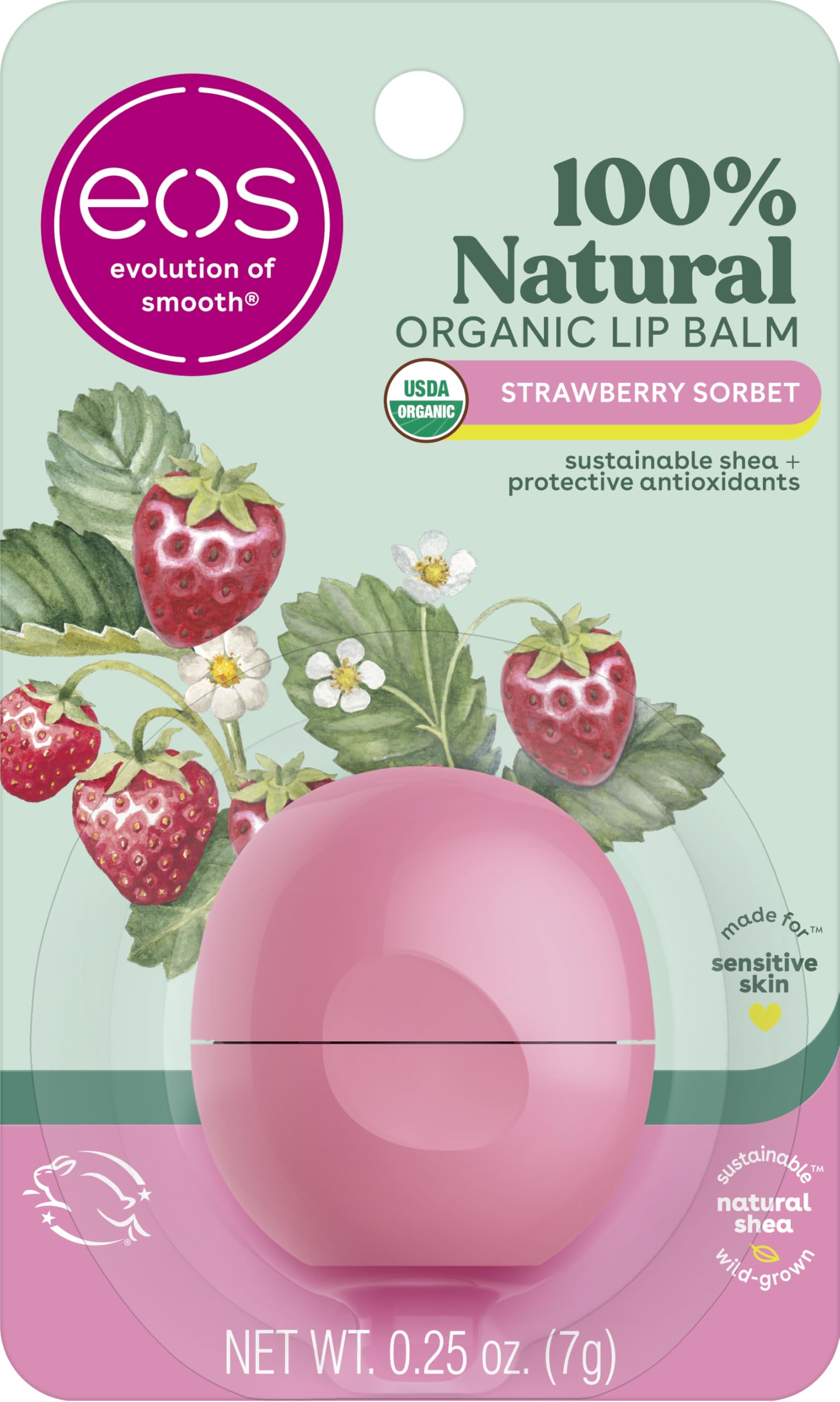 eos 100% Natural & Organic Lip Balm- Strawberry Sorbet, All-Day Moisture, Dermatologist Recommended for Sensitive Skin, Lip Care Products, 0.25 oz