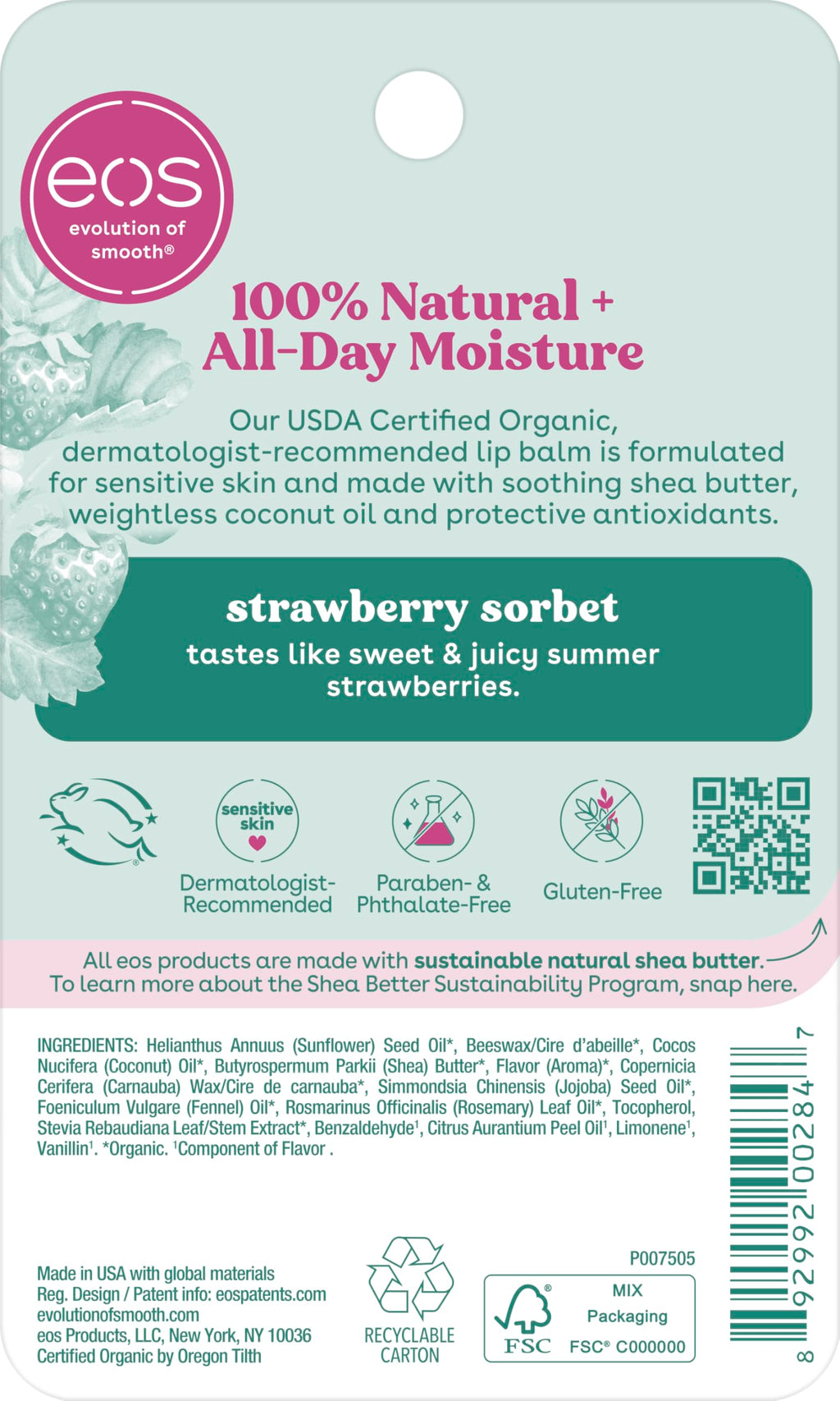 eos 100% Natural & Organic Lip Balm- Strawberry Sorbet, All-Day Moisture, Dermatologist Recommended for Sensitive Skin, Lip Care Products, 0.25 oz