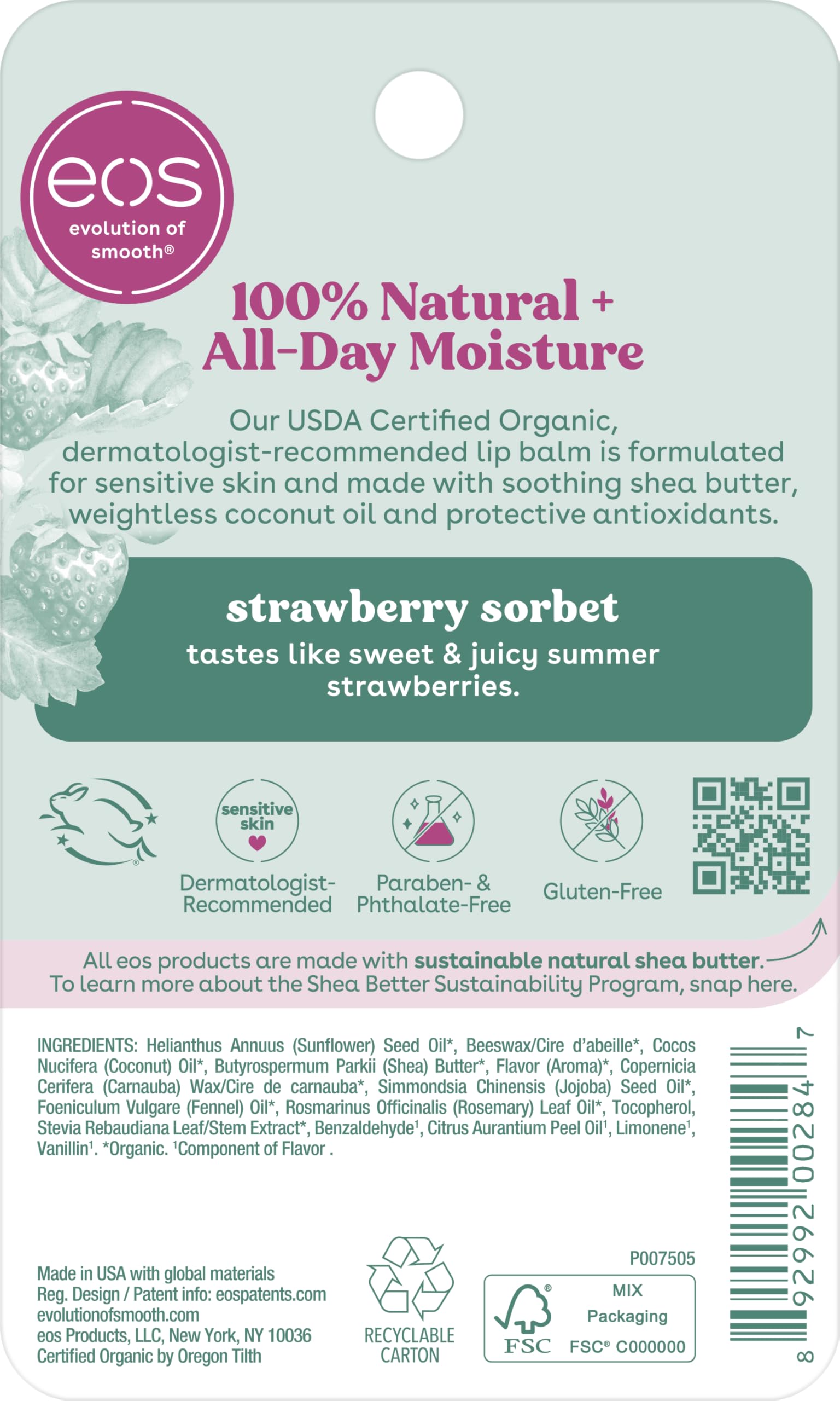 eos 100% Natural & Organic Lip Balm- Strawberry Sorbet, All-Day Moisture, Dermatologist Recommended for Sensitive Skin, Lip Care Products, 0.25 oz
