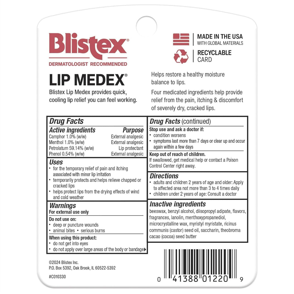 Blistex Lip Medex, 0.25 Ounce, 3 Count, Medicated Relief with Immediate Cooling, Soothes and Protects, Advanced Hydration, Restores Healthy Moisture Balance to Lips, 1 Pack
