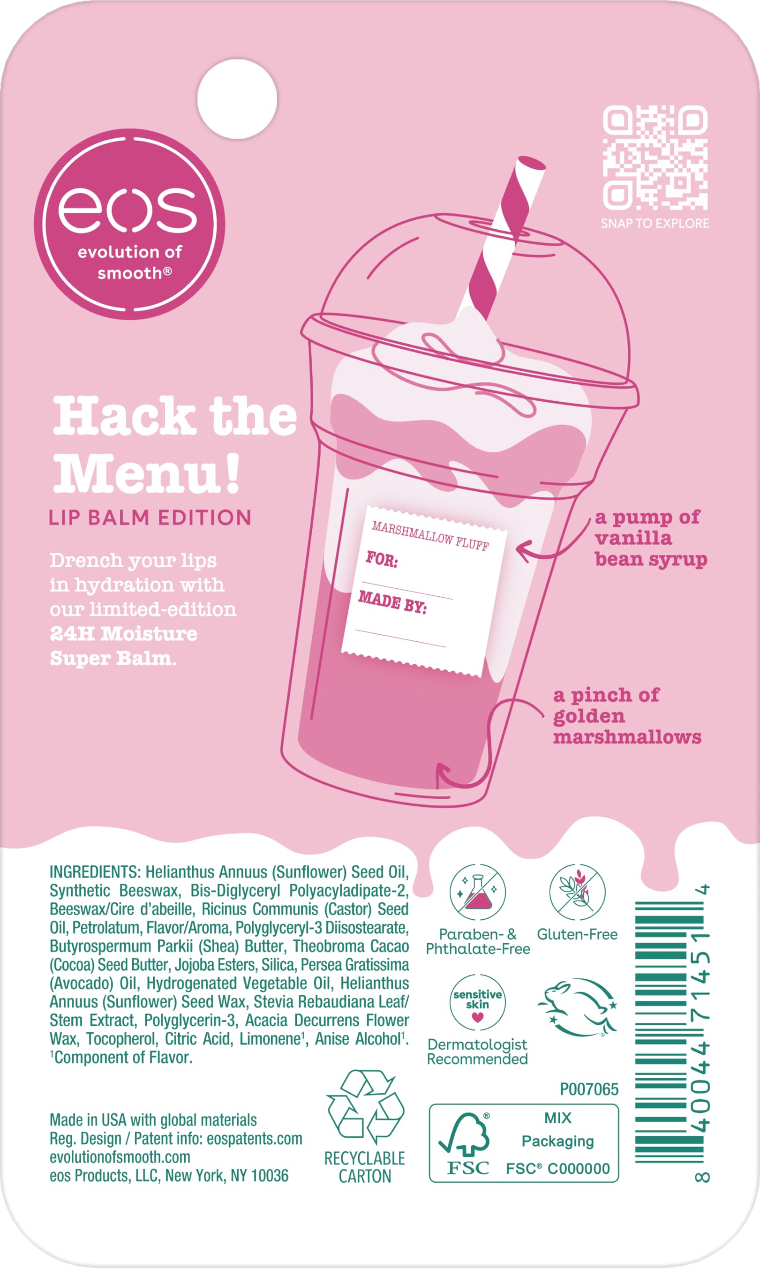 eos 24H Moisture Super Balm - Marshmallow Fluff, Lip mask, Moisturizing, Lip Treatment, Limited-Edition Skincare, 0.35 fl oz